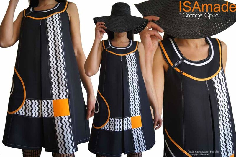 MOD 393A robe Printemps 2016 Trapèze bicolore noire Orange blanc motif geometrique