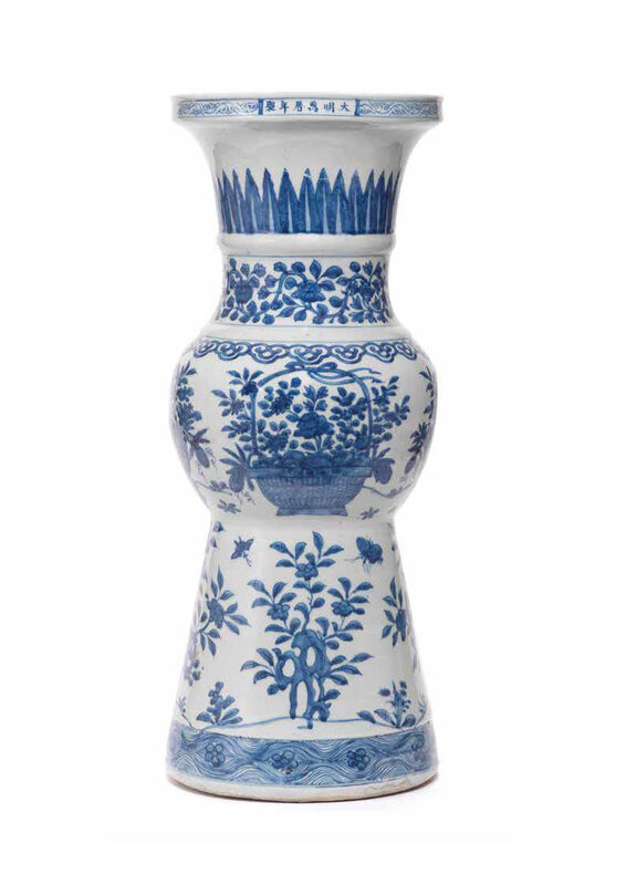 A rare and large blue and white beaker vase, Gu, Wanli six-character mark and of the period(1573-1619)