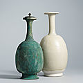 A white-glazed bottle vase and a bronze bottle vase with cover, sui dynasty (589-618)