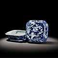 A blue and white 'boys' square box and cover, jiajing six-character mark and of the period (1522-1566)