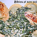 Ravioli brocciu-épinards, épinards et aiguillettes de poulet