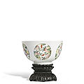 An extremely rare and exquisite famille-rose bowl with medllions of peaches and bats, mark and period of yongzheng (1723-1735)