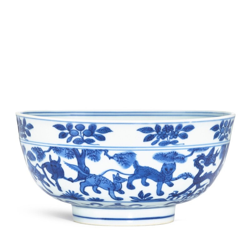 A blue and white 'mythical beast' bowl, Mark and period of Wanli