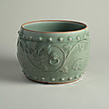 Celadon-glazed porcelain drum-shaped jar, Yuan dynasty, 13th - 14th century, Longquan kilns, Zhejiang province
