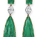 A pair of fine emerald and diamond ear pendants