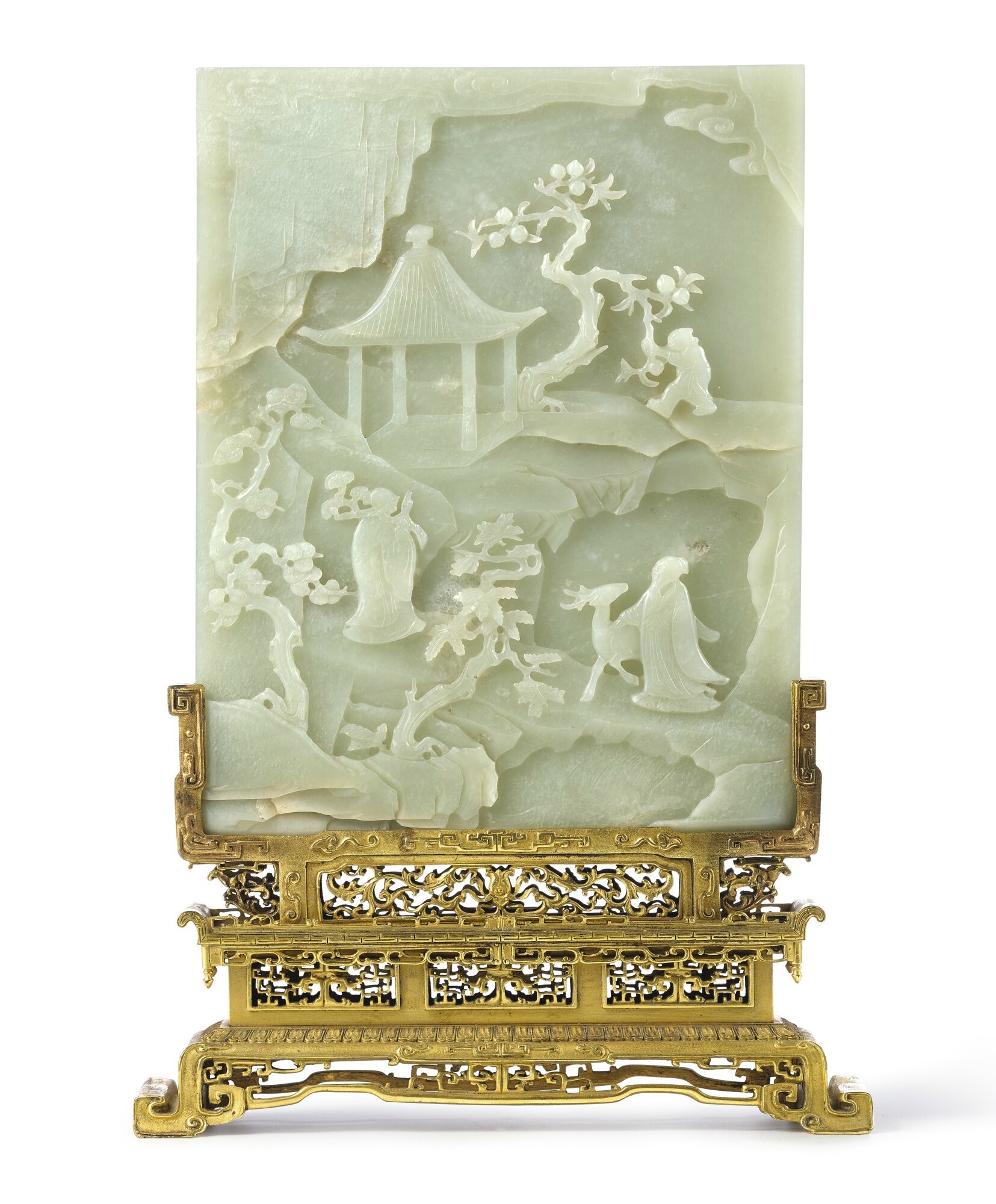 Antique Chinese celadon jade 3-panel screen