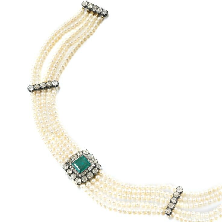 Natural pearl, emerald and diamond choker