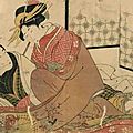Utamaro (1753 - 1806), ensemble de 12 estampes et trois textes oban yoko-e 
