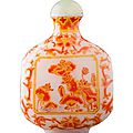 milk glass bottle of flattened square form, with enamelled decoration in orange and yellow of flowering lotus and carp, base with mark in blue enamel, jade stopper. Photo Lyon & Turnbull