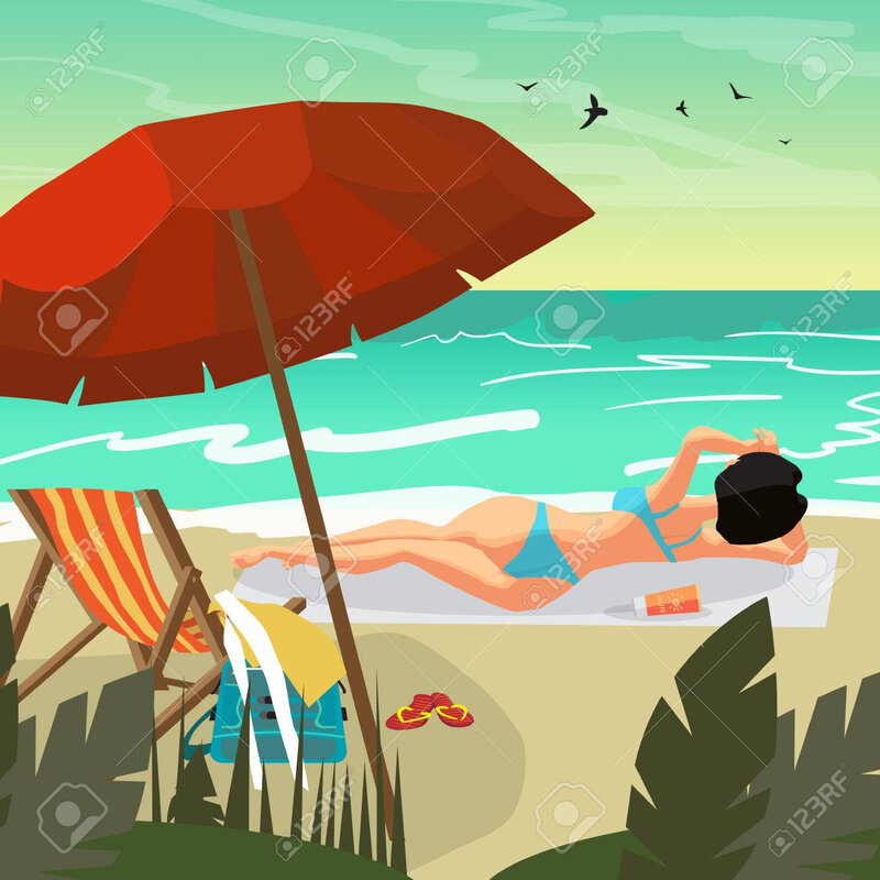 79460655-plage-d-été-de-paysage-marin-jeune-femme-en-bikini-couchant-le-soleil-allongé-sur-le-sable-vector-ill