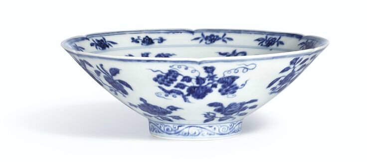 A fine and rare blue and white lobed bowl, Mark and period of Xuande3