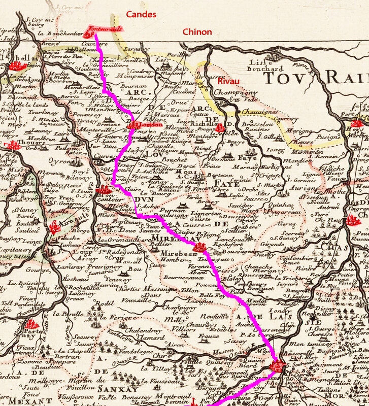 Carte Trajet d'Aliénor d'Aquitaine après les funérailles de Richard Coeur de Lion Fontevraud Poitiers