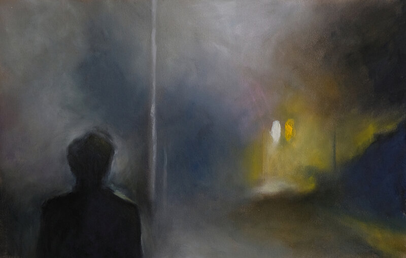 roman dans la brume électrique, mars 2018, pastel à l'huile, 48 x 32 cm