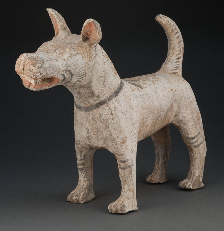 A Large Chinese Painted Pottery Model of a Standing Dog, Han Dynasty
