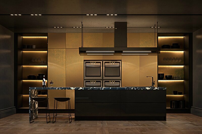 Brass-cabinetry-kitchen-marbled-kitchen-bench-amber-lit-shelving