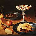 Attribué à gottfried von wedig (1583-1614), nature morte au plat d'olives, römer monté, taza présentant des biscuits, ...