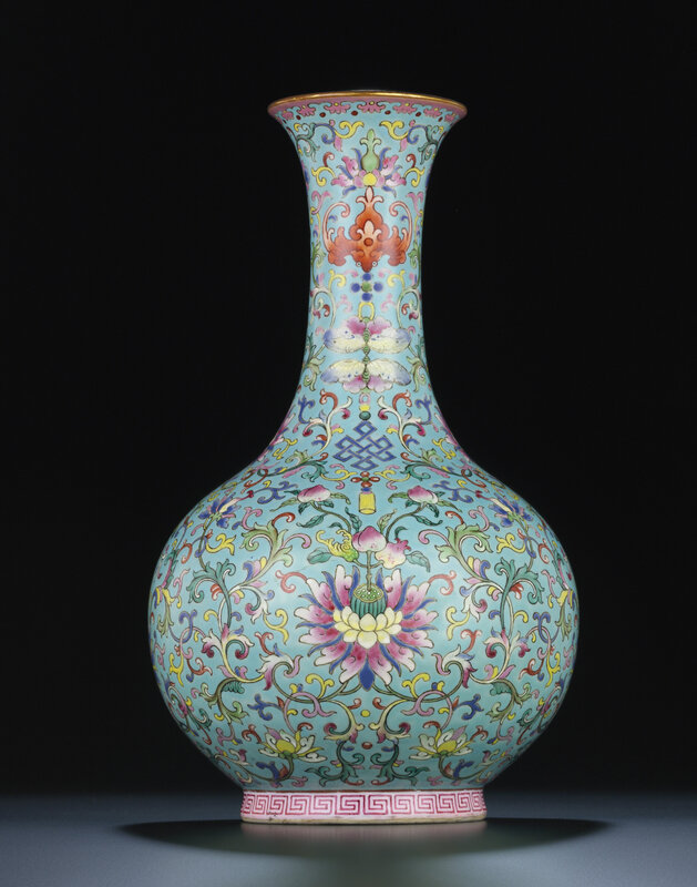 A rare turquoise-ground famille rose bottle vase, Qianlong iron-red six-character sealmark and of the period (1736-1795)