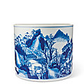 A blue and white 'landscape' brushpot, kangxi six-character mark and of the period (1662-1722)