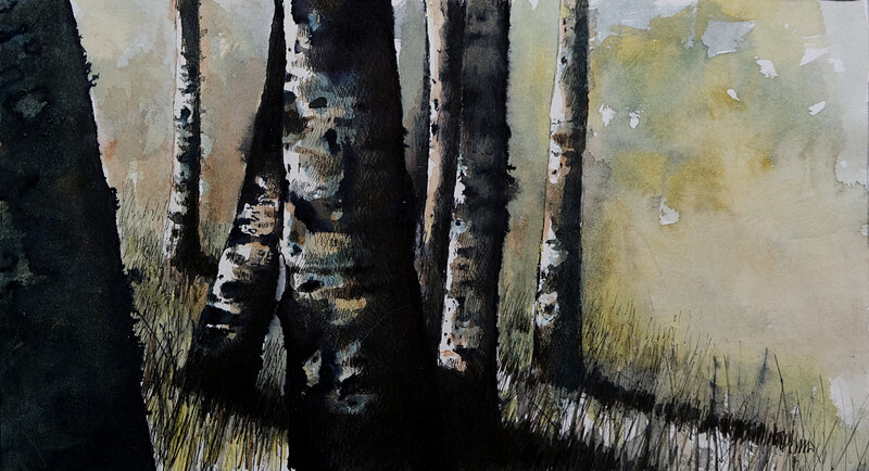 into the trees , plume et aquarelle, 2017