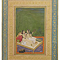 Two ladies sharing a tender moment, attributable to govardhan, mughal india, circa 1615-20