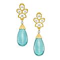 Pair of two-color gold, diamond and aquamarine pendant-earrings, buccellati