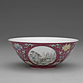 Bowl with landscapes of the four seasons on red ground in yangcai polychrome enamels, qing dynasty, qianlong reign (1736-1795)