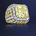 An approximately 23.56 carats square step-cut fancy intense yellow diamond and diamond ring, by david webb