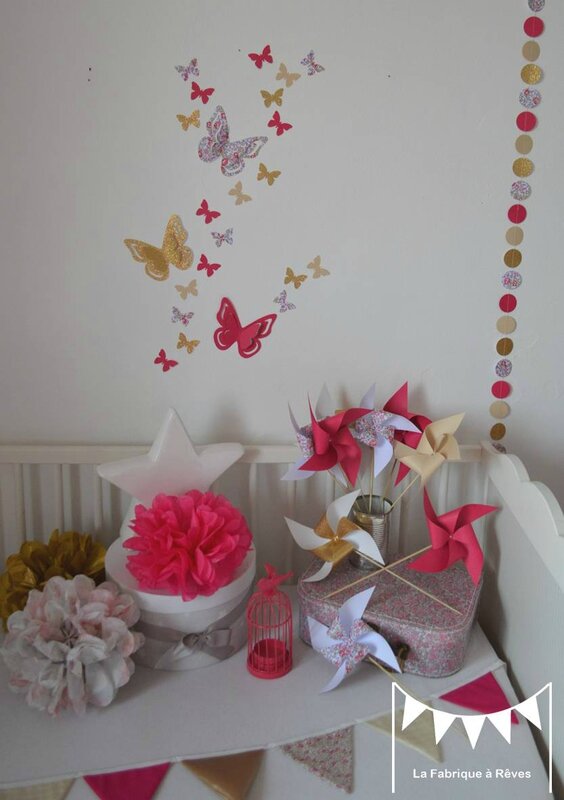 décoration chambre enfant bébé fille liberty éloise rose fuchsia doré beige mariage baptême anniversaire