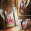 Sac cabas chic retro fleur roses lin velours création artisanal made in France CrApule FActOry