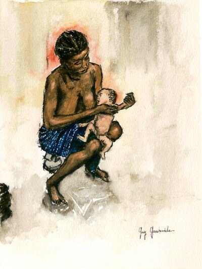 Maman Africaine Toilette Bebe Guy Gaudeneche Artiste Peintre Portraitiste