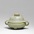 A pale green jade tripod incense burner and cover, ding, qianlong period (1736-1795)