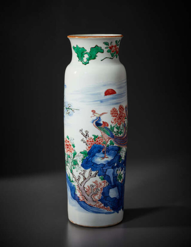 A superb wucai 'phoenix' sleeve vase, Chongzhen-Shunzhi period (1628-1661)
