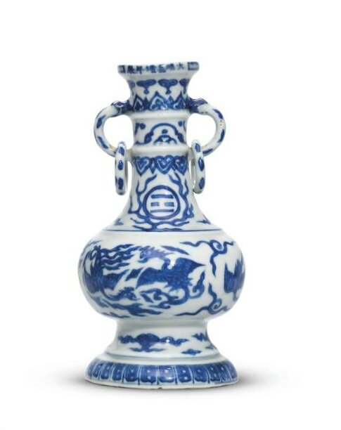 A rare blue and white 'phoenix and cranes' vase, Jiajing six-character mark in underglazed blue in a line and of the period (1522-1566)