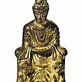 A rare small gilt-bronze figure of shakyamuni buddha, sixteen kingdoms period (304–439)