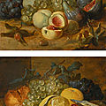 Alexander coosemans (antwerp 1627 - 1689), still life with lemons, oysters and cherries; still life with peaches and figs 