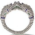Cartier bracelet, 1929 platinum, diamonds, sapphires, emeralds, and rock crystal