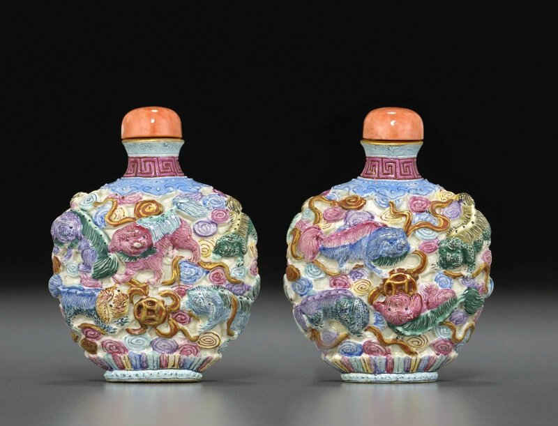 A molded and famille rose enameled porcelain snuff bottle, Qianlong mark, 1800-1850
