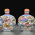 A molded and famille rose enameled porcelain snuff bottle, qianlong mark, 1800-1850