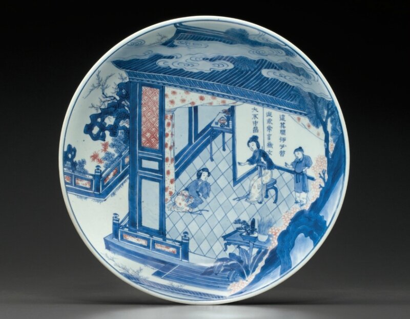 A large underglaze-blue and copper-red-decorated dish, Early Kangxi period, circa 1670