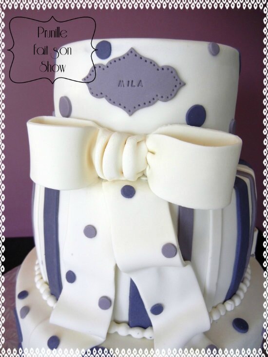 gateau 3 étages violet blanc pois rayures noeud prunillefee 2